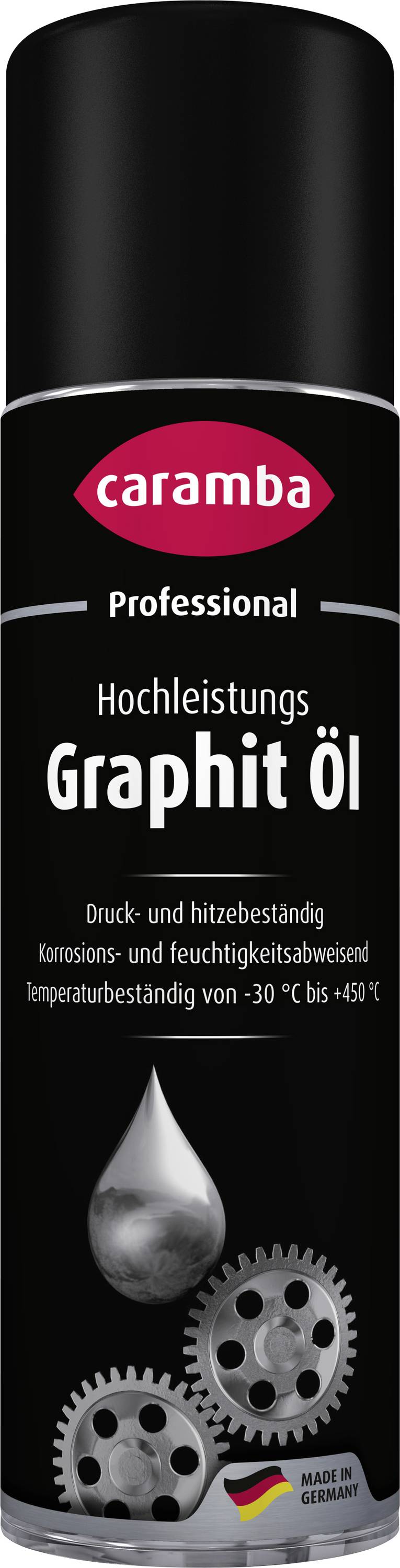 Schwarze Dose von Caramba Professional hochleistungs-Graphitöl, gekennzeichnet als wärmebeständiges Schmiermittel mit zwei Metallzahnrädern und einem Tropfensymbol.