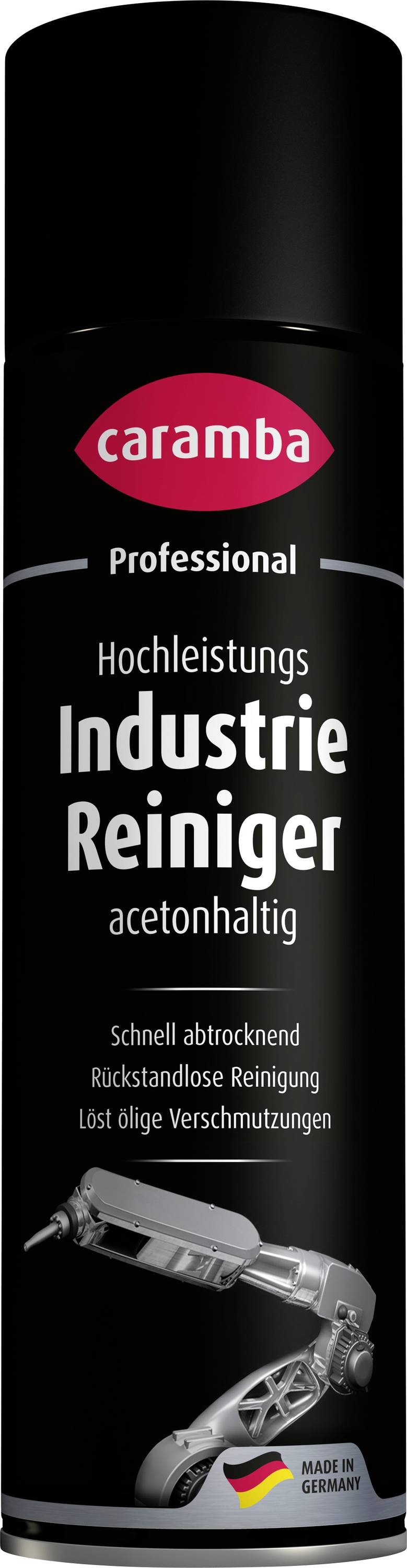 Caramba Professioneller Industriereiniger Sprühdose, acetonbasierter Industriereiniger mit deutscher Flagge und Roboterarm-Grafik.
