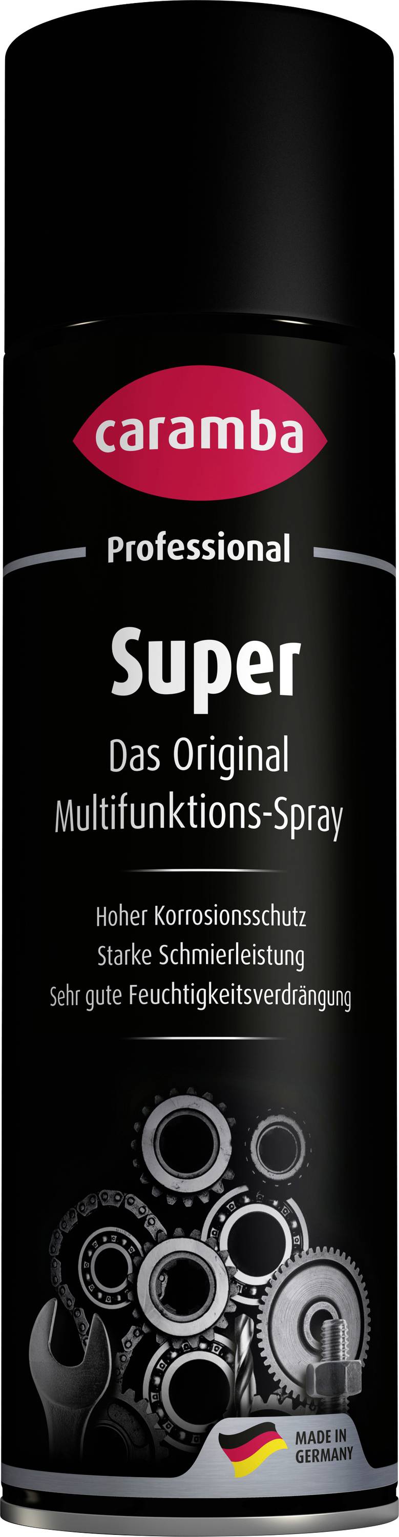 Black Caramba Professional Super Multifunktions-Sprühdose, auf Deutsch gekennzeichnet mit Korrosionsschutz, Schmierung und Wasserverdrängung; Made in Germany Abzeichen.