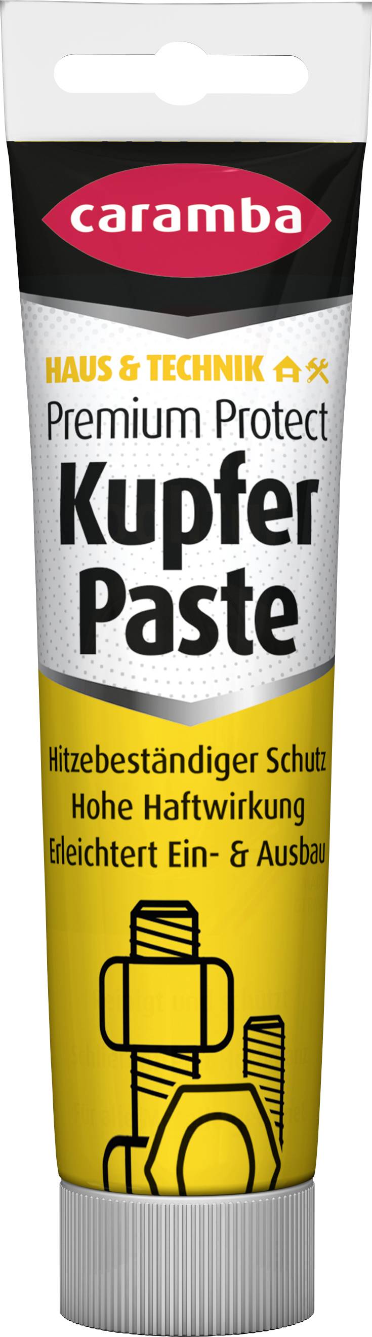 Tube von Caramba Premium Protect Kupferpaste, ein Kupferfett-Schmiermittel für hochtemperatur-Metallmontage, dargestellt auf weißem Hintergrund.