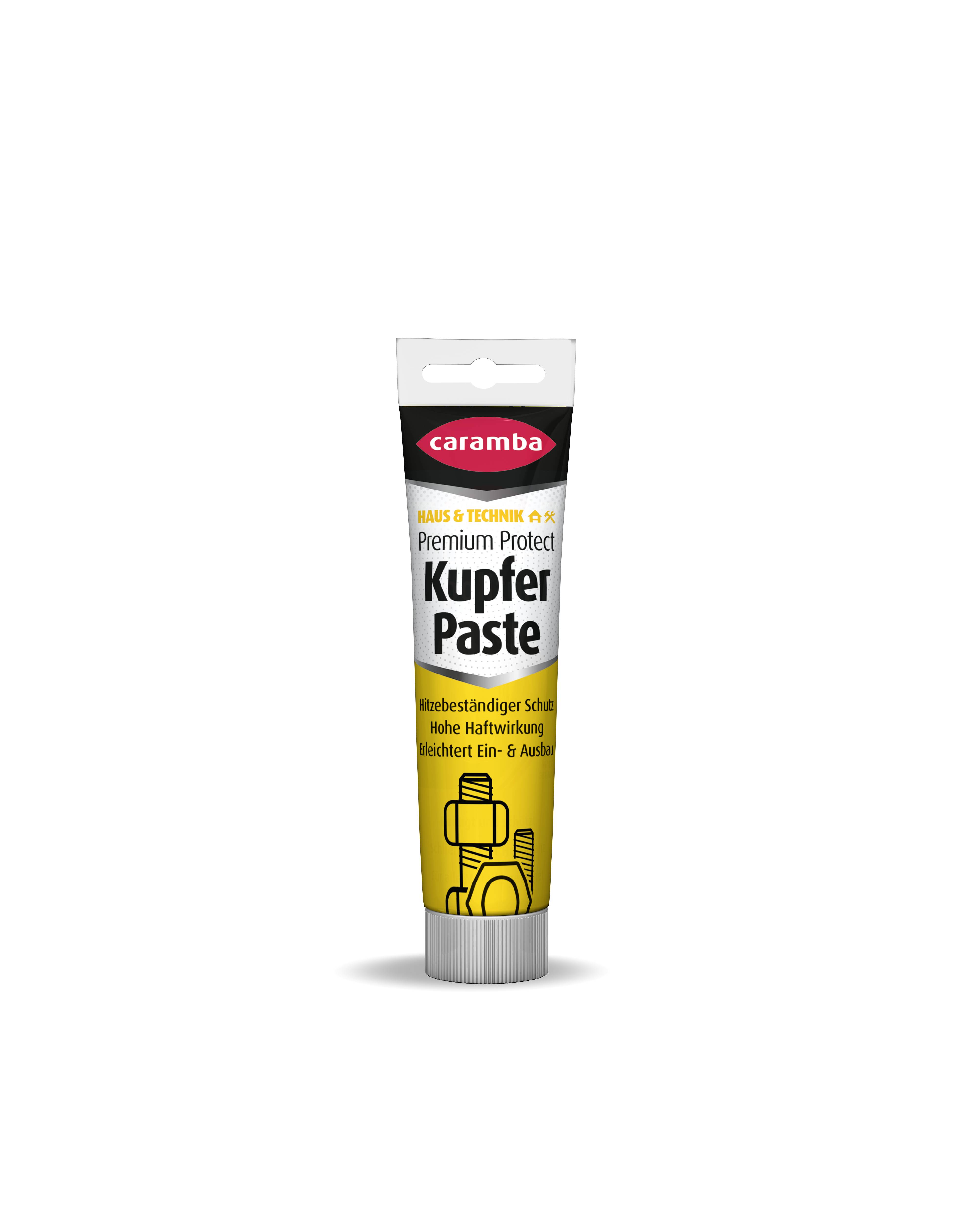 Tube von Caramba Premium Protect Kupferpaste, ein Kupferfett-Schmiermittel für hochtemperatur-Metallmontage, dargestellt auf weißem Hintergrund.