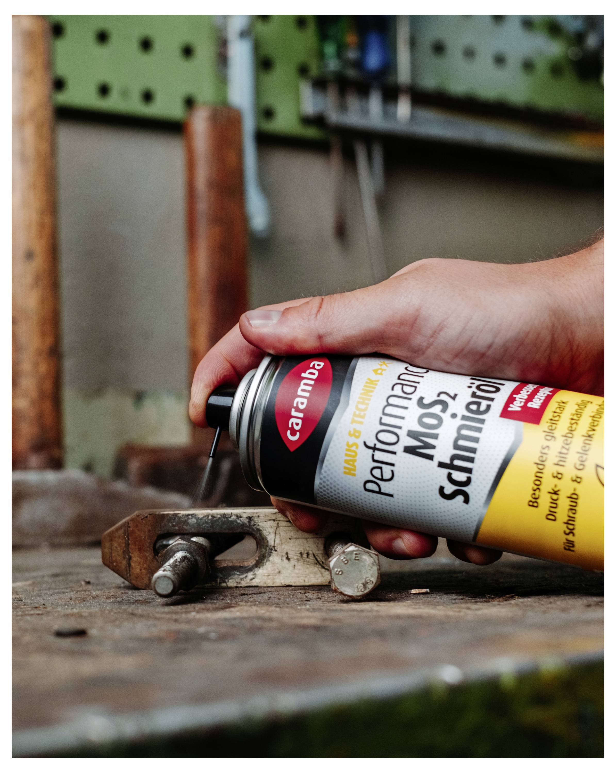 Hand spraying lubricant from a can onto a rusty metal tool in a workshop.---Mit der Hand Schmiermittel aus einer Dose auf ein rostiges Metalltool in einer Werkstatt sprühen.