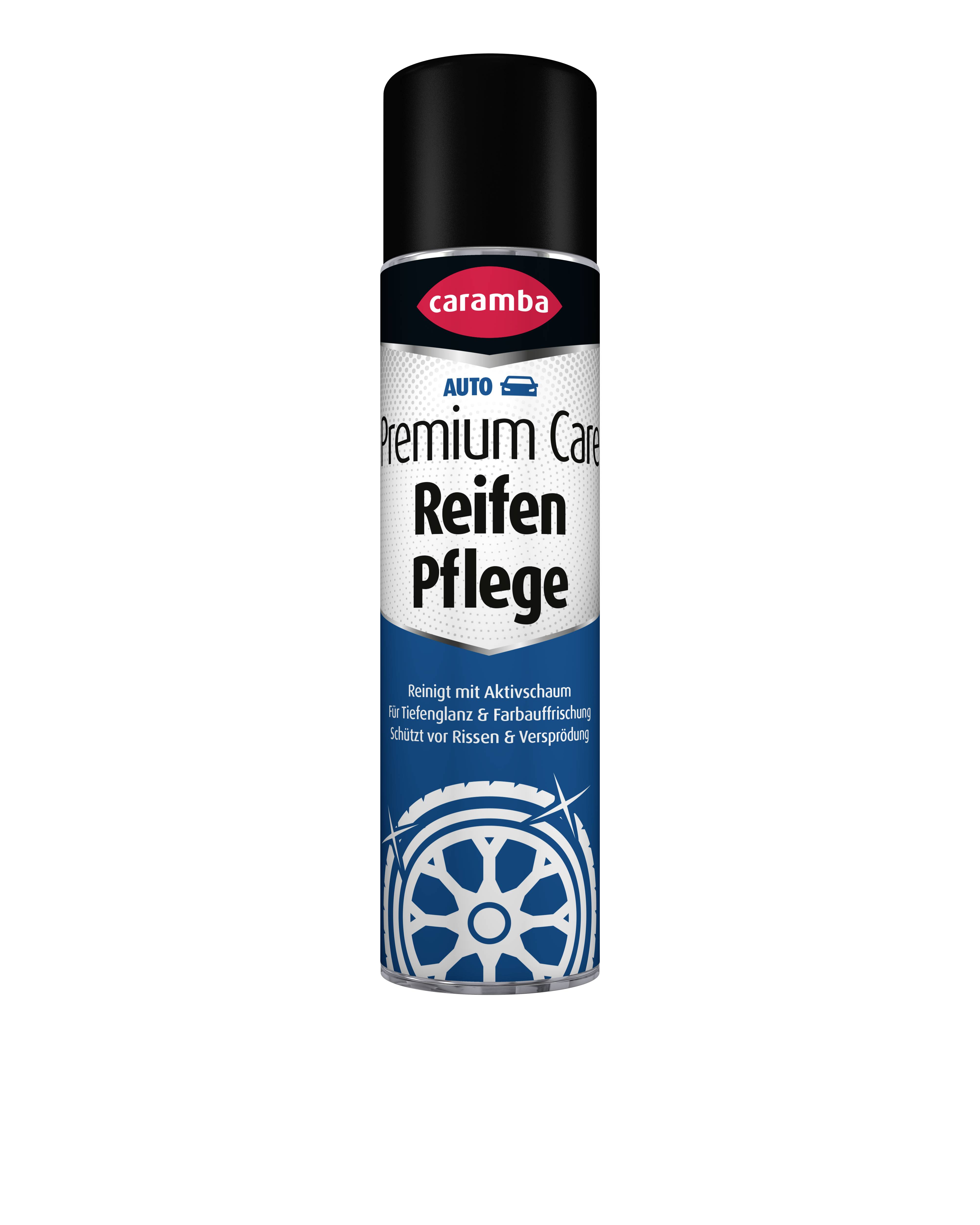Caramba Premium Auto Reifenpflege Sprühdose für Reifenpflege, gekennzeichnet zum Reinigen, Pflegen und Schutzglanz auf Reifen und Gummi.