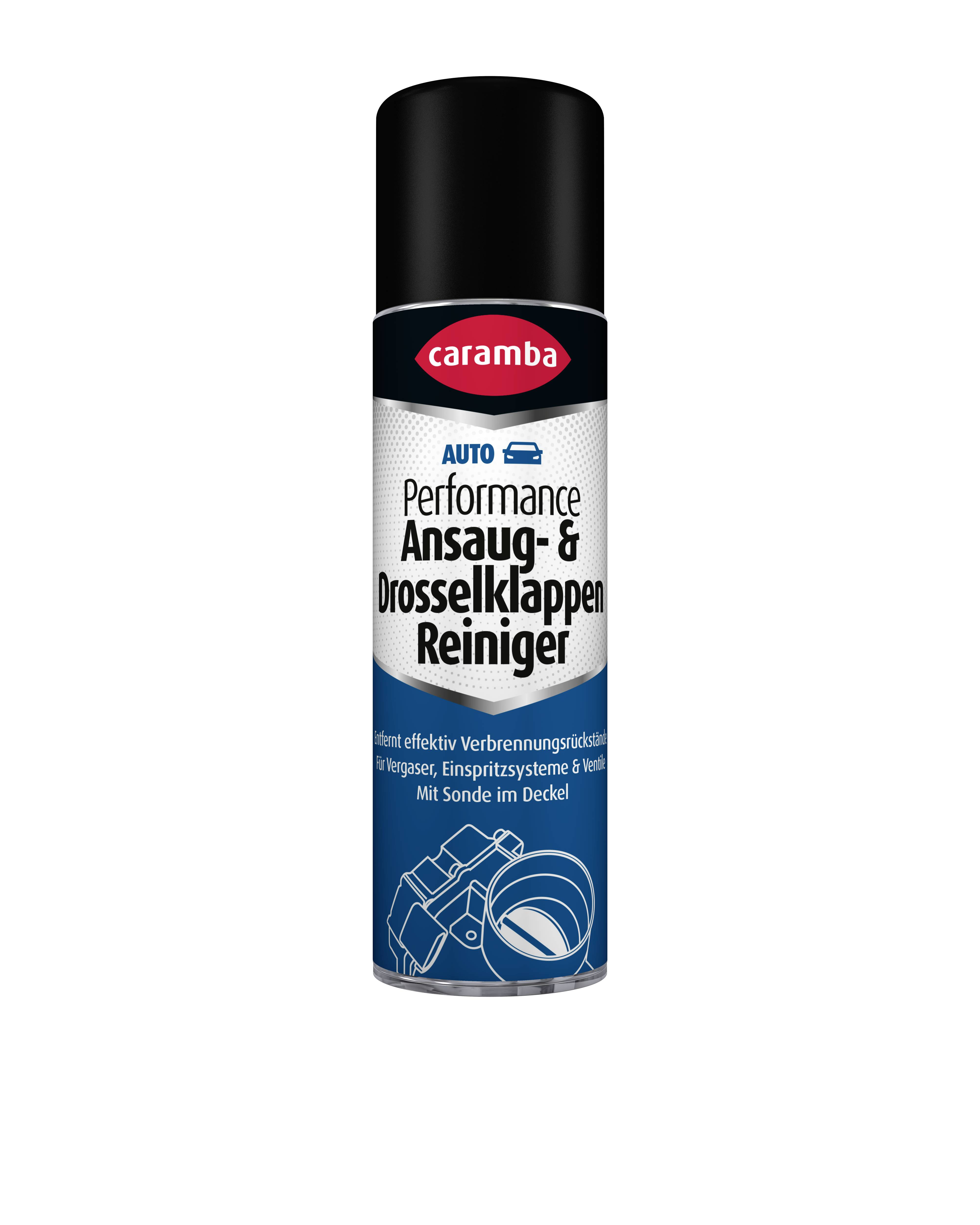 Caramba Auto Performance Ansaug- und Drosselklappenversteller-Reinigungsspray mit schwarzem Verschluss und blauem Etikett.