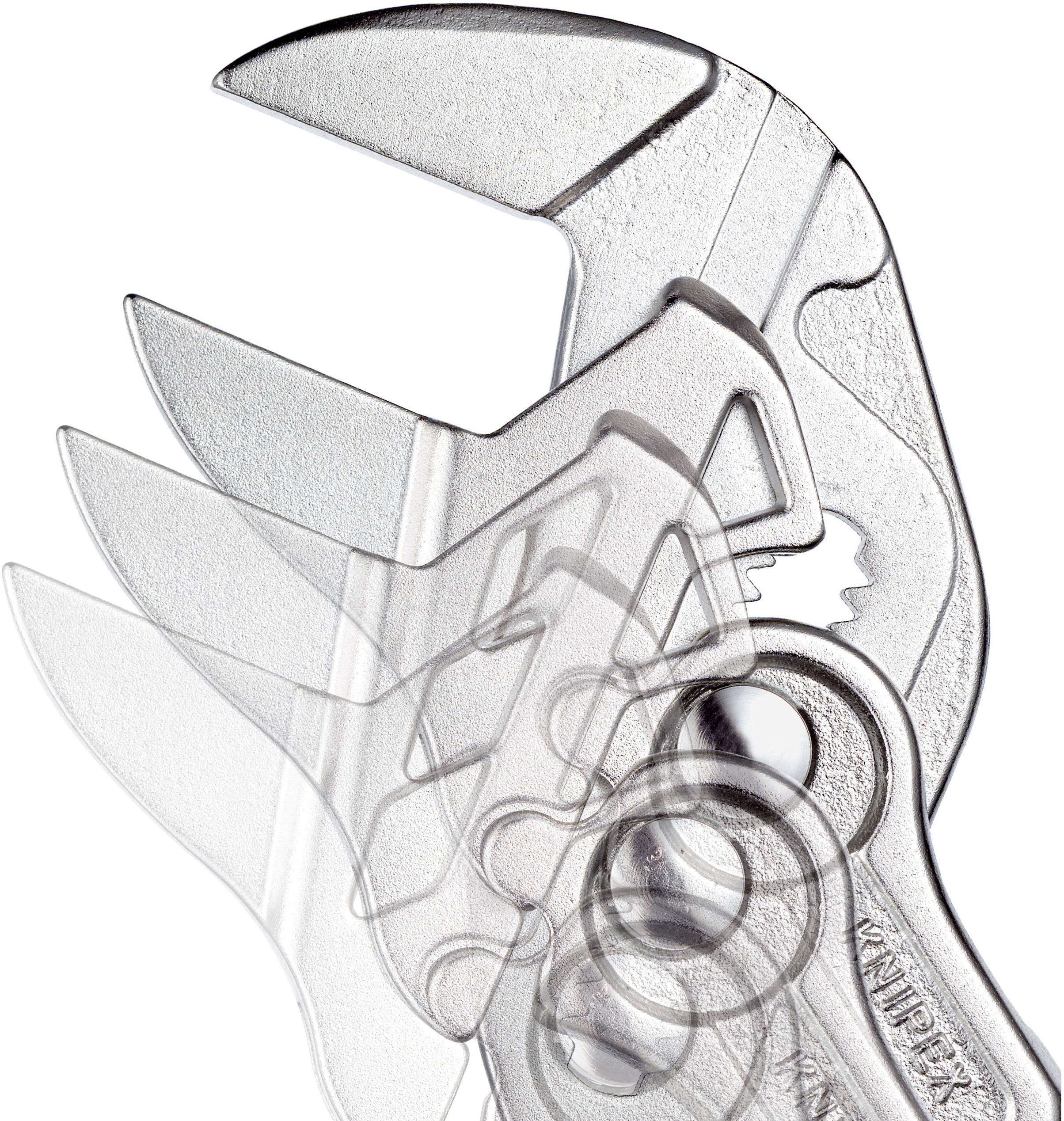 Einstellbarer Schraubenschlüssel mit beweglichen Backen in verschiedenen Positionen dargestellt, zeigt Anpassungsfähigkeit.