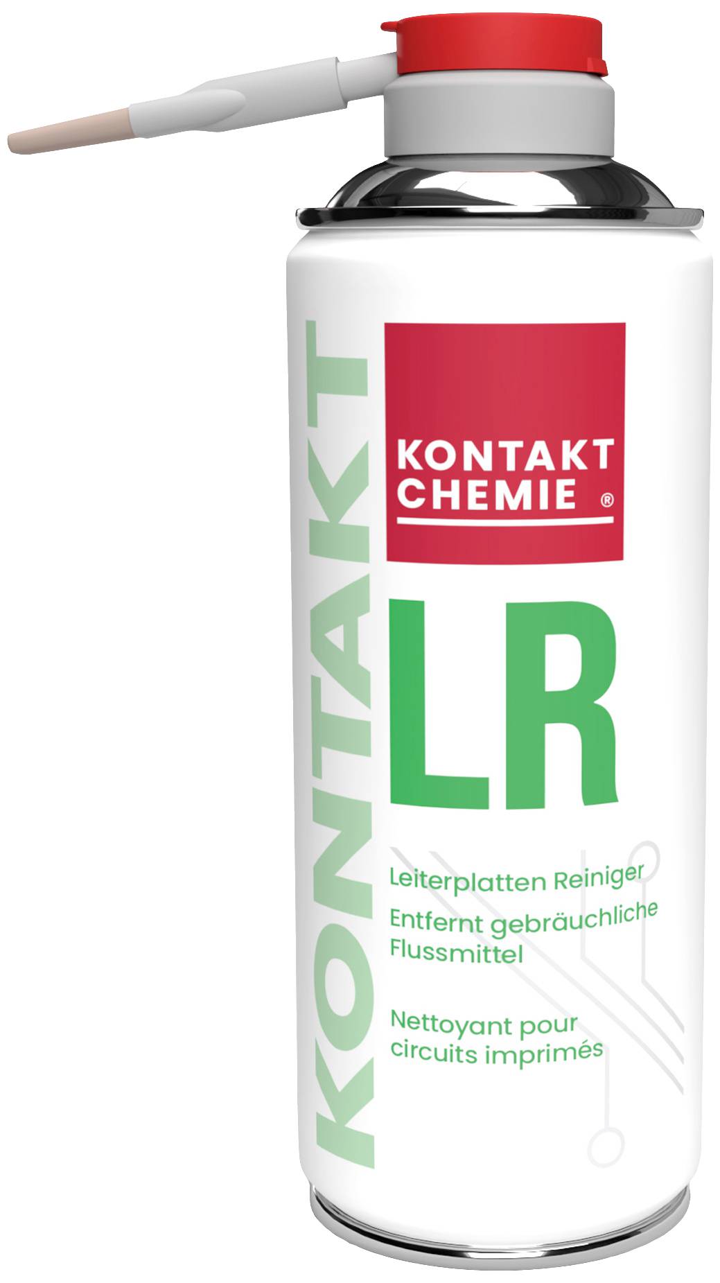 Sprühdose mit der Aufschrift 'KONTAKT LR, Leiterplatten Reiniger'. Verwendet zum Entfernen von Flussmitteln auf Leiterplatten.