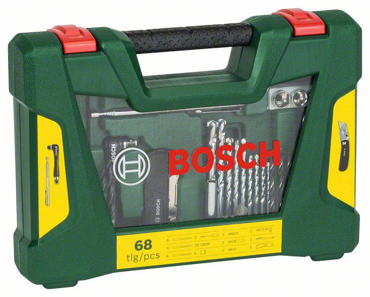 Bosch Werkzeugkoffer, 68-teilig, mit Bohrer und Bits, grünes Gehäuse, durchsichtiges Fenster zur Sicht auf den Inhalt.