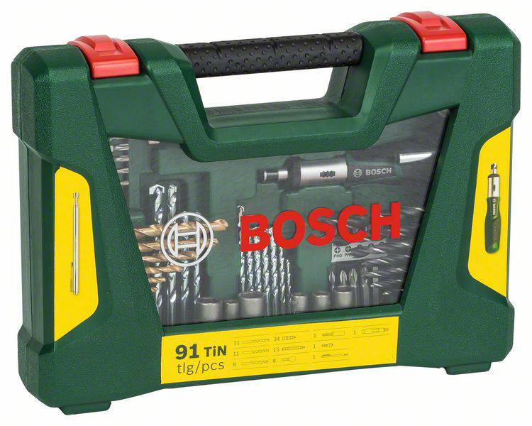 Grüner Bosch-Werkzeugkoffer mit Bohrer- und Bit-Set, 91-teilig. Enthält verschiedene Bohrergrößen und Bit-Typen, geeignet für Heimwerker.