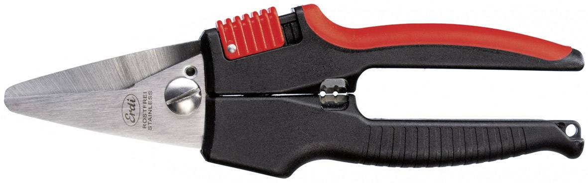 Eine schwarze und rote Handschere mit Stahlklinge und ergonomischem Griff, geeignet für Garten- oder Heimwerkerarbeiten.