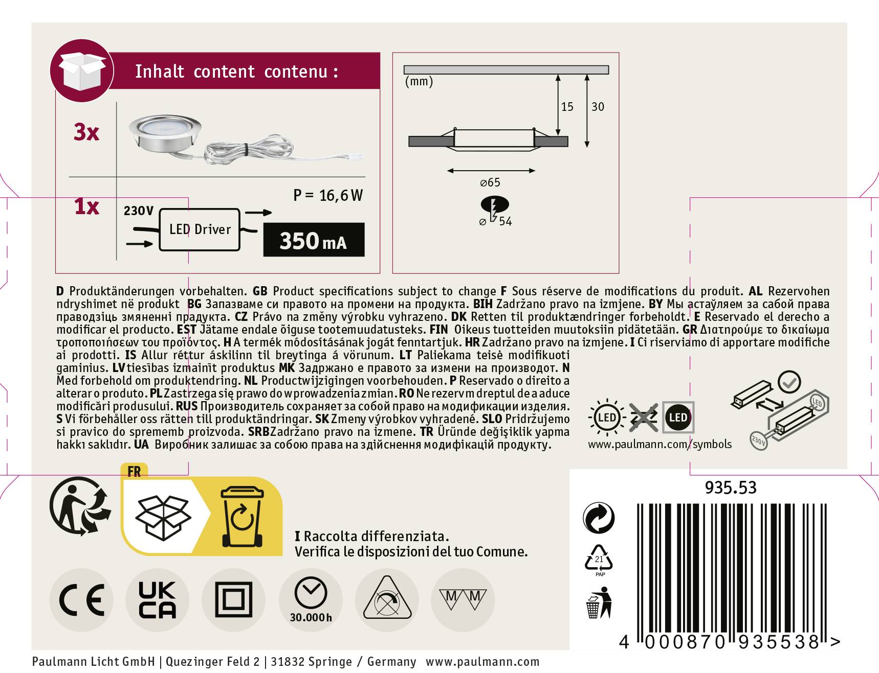Paulmann 93553 Micro Line LED-Einbauleuchte 3er Set LED LED fest eingebaut 4.5W Eisen (gebürstet)