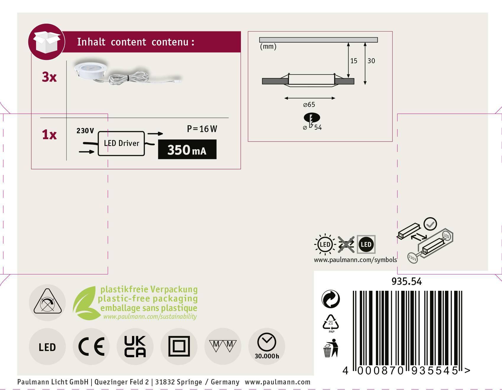 Paulmann 93554 Micro Line LED-Einbauleuchte 3er Set LED LED fest eingebaut 4.5W Weiß