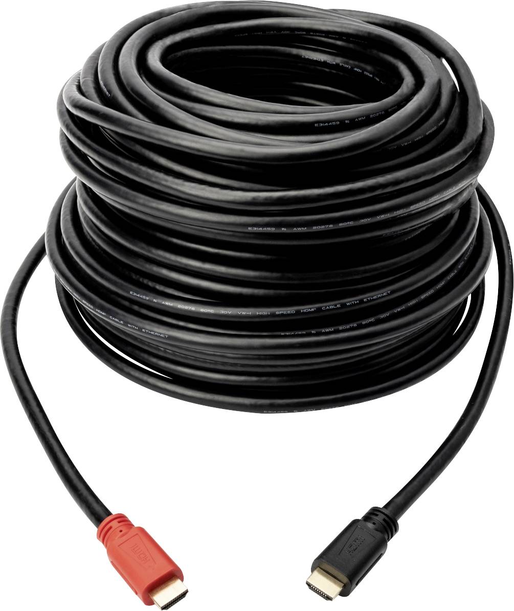 Ein langes schwarzes HDMI-Kabel mit roten und schwarzen Steckern, aufgerollt und bereit zur Verwendung für Audio- und Videoverbindungen.