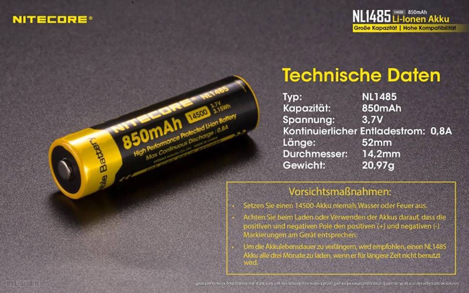 NiteCore NL1485 Spezial-Akku 14500 Li-Ion 3.7 V 850 mAh 1 St.