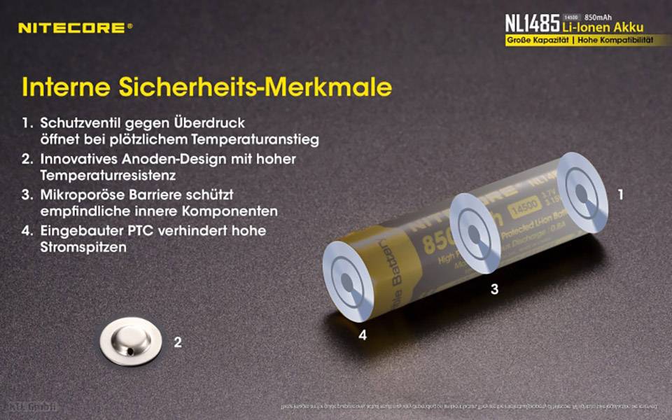 NiteCore NL1485 Spezial-Akku 14500 Li-Ion 3.7 V 850 mAh 1 St.