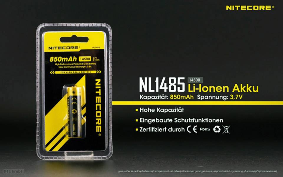 NiteCore NL1485 Spezial-Akku 14500 Li-Ion 3.7 V 850 mAh 1 St.