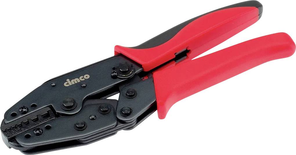 Rot-schwarzer Handcrimpzange mit ergonomischem Griff, verwendet zum Aufpressen von Verbindern auf elektrische Kabel.