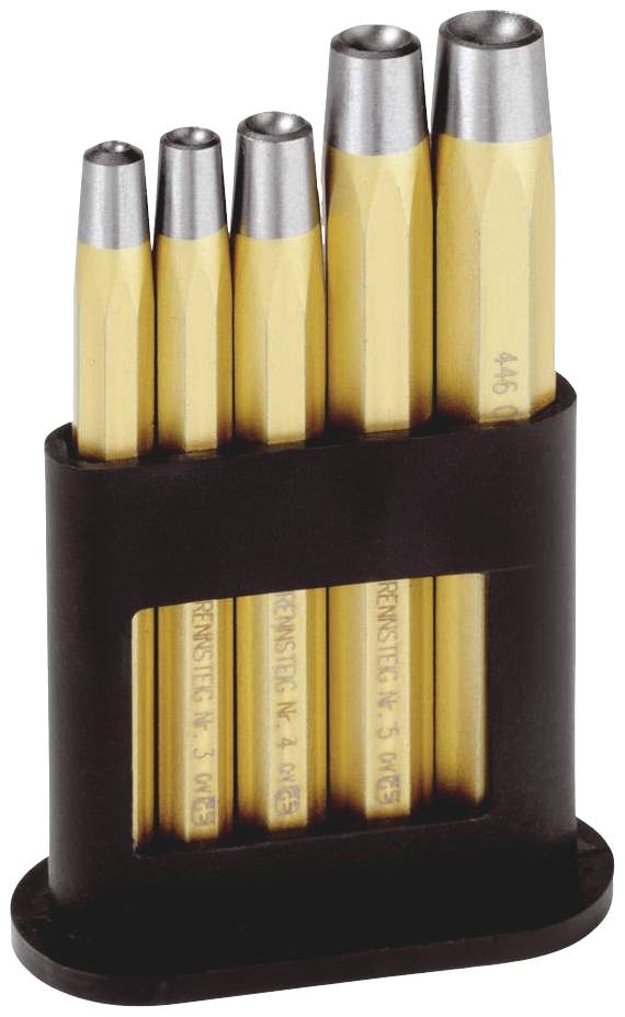 Ein Set mit fünf goldfarbenen Buchstaben-Stempeln in einer schwarzen Halterung, unterschiedlich lang und beschriftet mit Zahlen.
