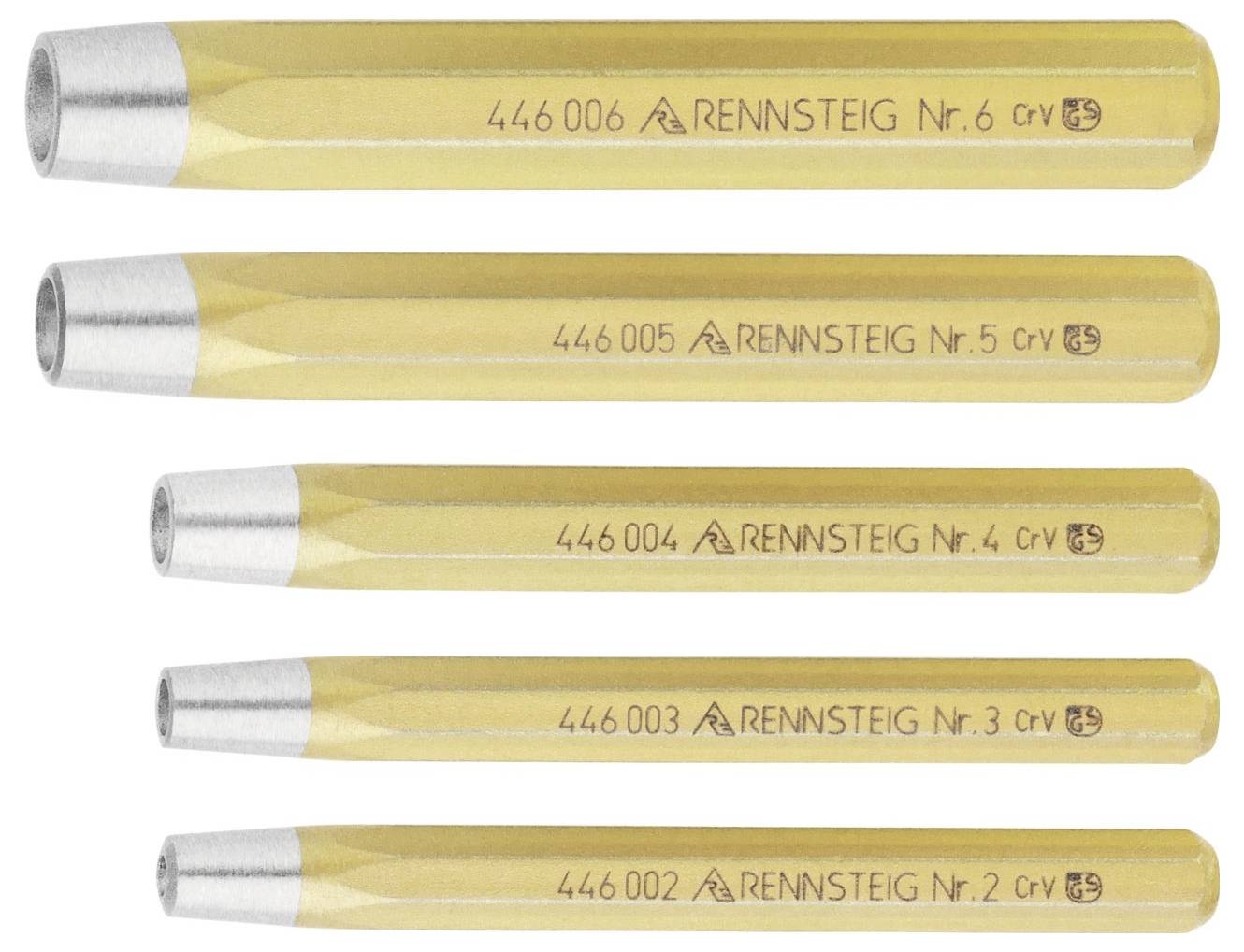 Satz von fünf RENNSTEIG-Meißeln, nummeriert von 2 bis 6, mit gelben Griffen und silbernen Spitzen, verwendet für präzise Gravur- oder Schnitzarbeiten.