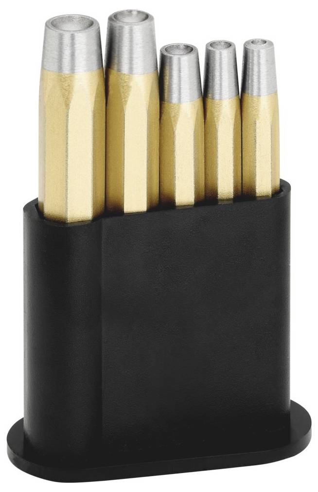 Ein Satz goldener und silberner Metallstempel unterschiedlicher Größen, die aufrecht in einem schwarzen Halter stehen.