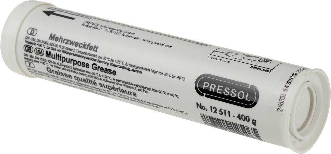 Eine weiße Kartusche mit der Aufschrift 'Mehrzweckfett' und 'Multipurpose Grease', Marke Pressol, 400 g, mit Produktdetails und Gebrauchsanweisung.