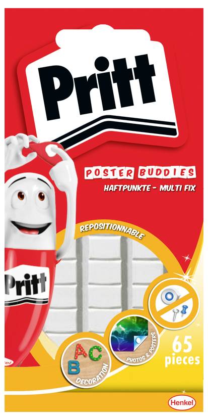 'Pritt Poster Buddies' Verpackung zeigt einen weißen animierten Charakter, der ein Herz hält. Enthält 65 Klebepunkte für Dekorationen.