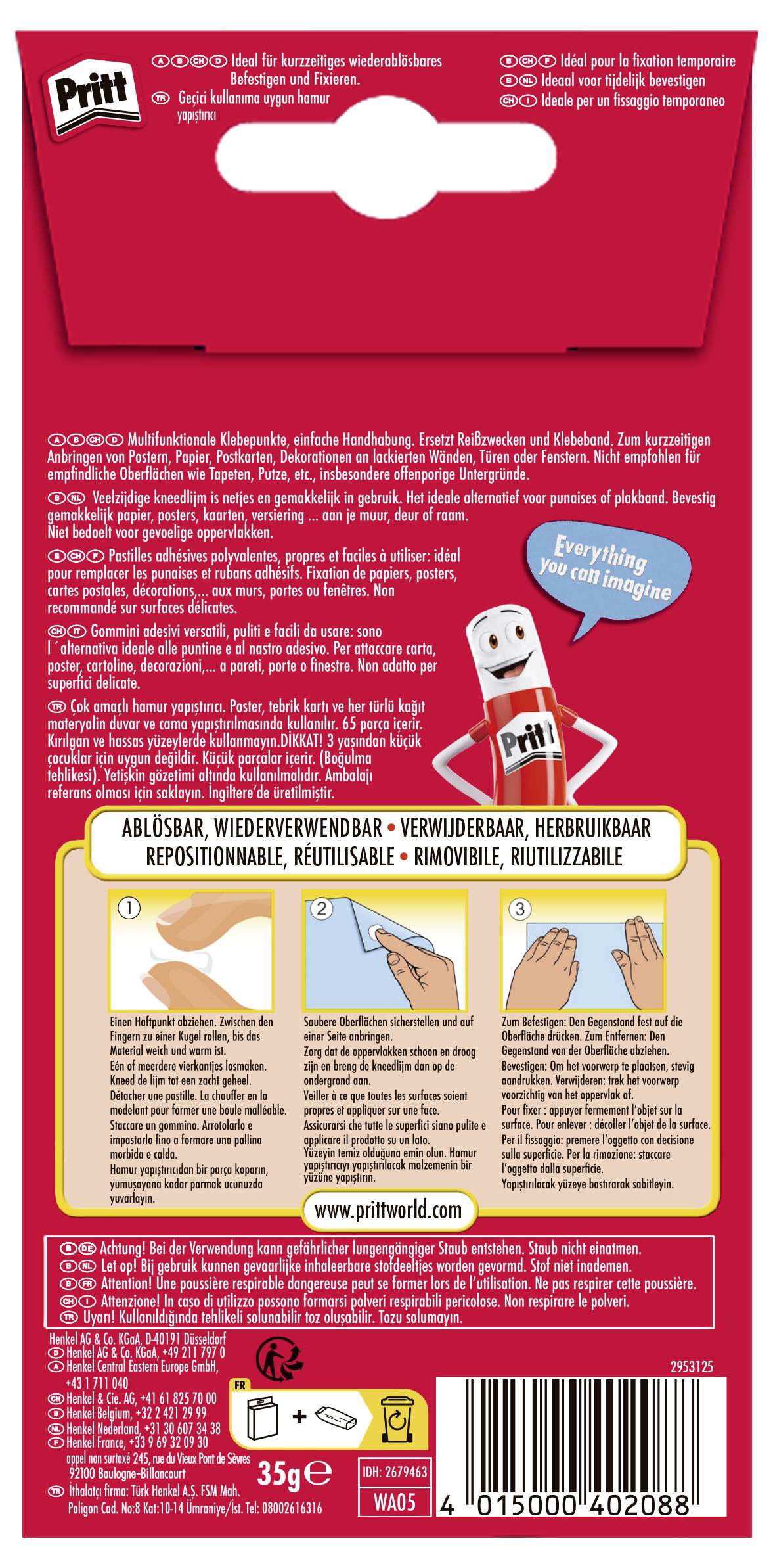 Rückseite eines roten Pritt-Klebestift-Pakets mit mehrsprachigen Gebrauchsanweisungen und Hinweisen zum Repositionieren. Zeigt Illustrationen der Anwendungsschritte.