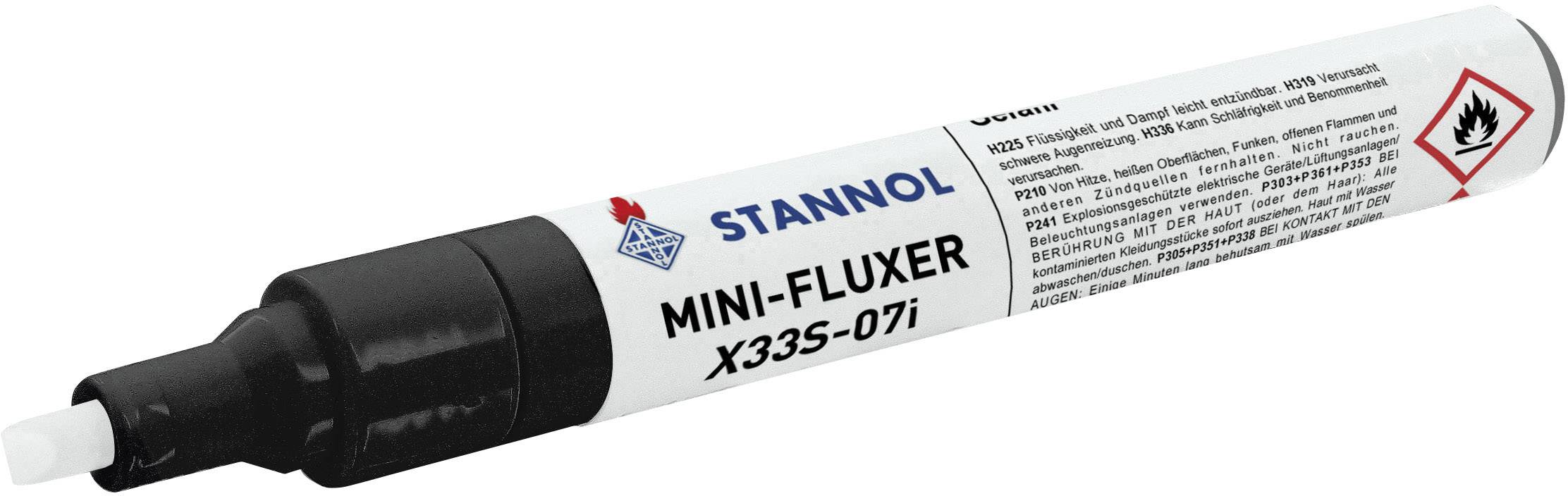 Schwarzer Filzstift mit der Aufschrift 'STANNOL MINI-FLUXER X33S-07i'. Rechts ein Warnsymbol für Entflammbarkeit.