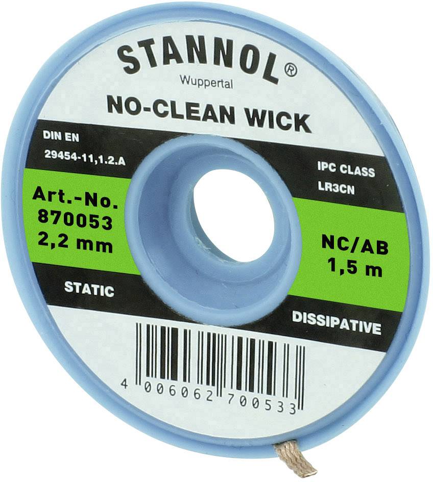 'Stannol No-Clean Wick', eine blaue Spule mit Lötlitze zum Entlöten, 2,2 mm dick, 1,5 m lang. Artikelnummer 870053.
