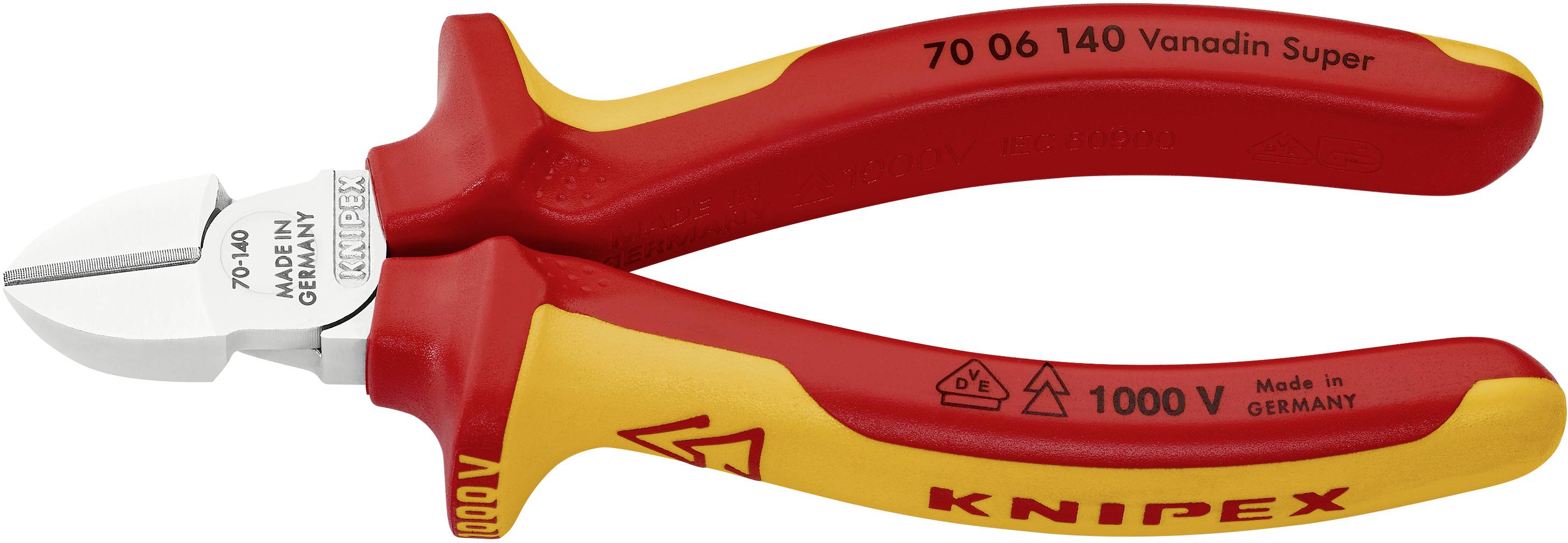 Eine rote und gelbe seitenschneider Zange der Marke Knipex, geeignet für Arbeiten bis 1000V, mit einem robusten Griff und scharfen Klingen.