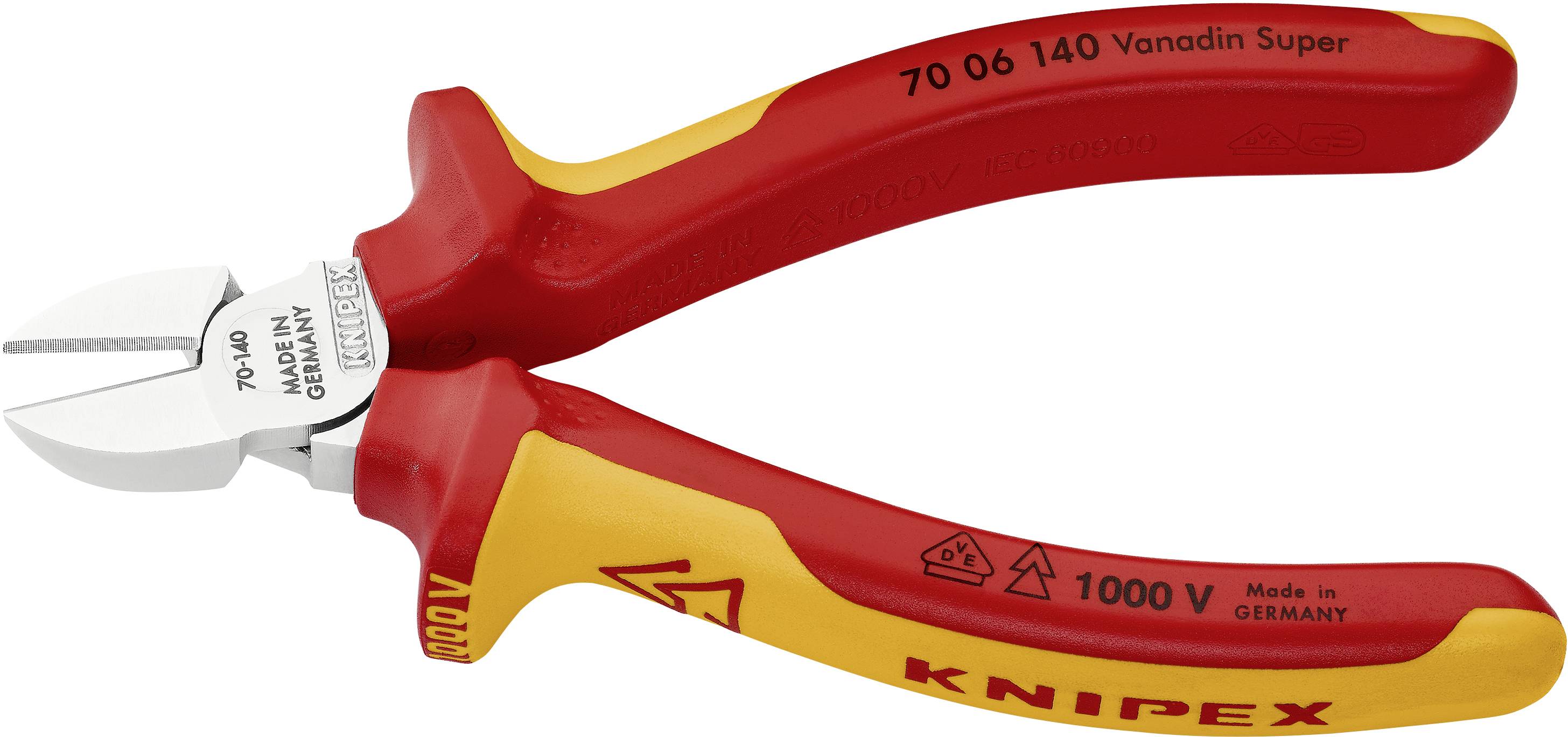 Seitenschneider mit roten und gelben Griffen, speziell isoliert für Arbeiten bis 1000 V. Aufschrift 'KNIPEX' und 'Made in Germany'.