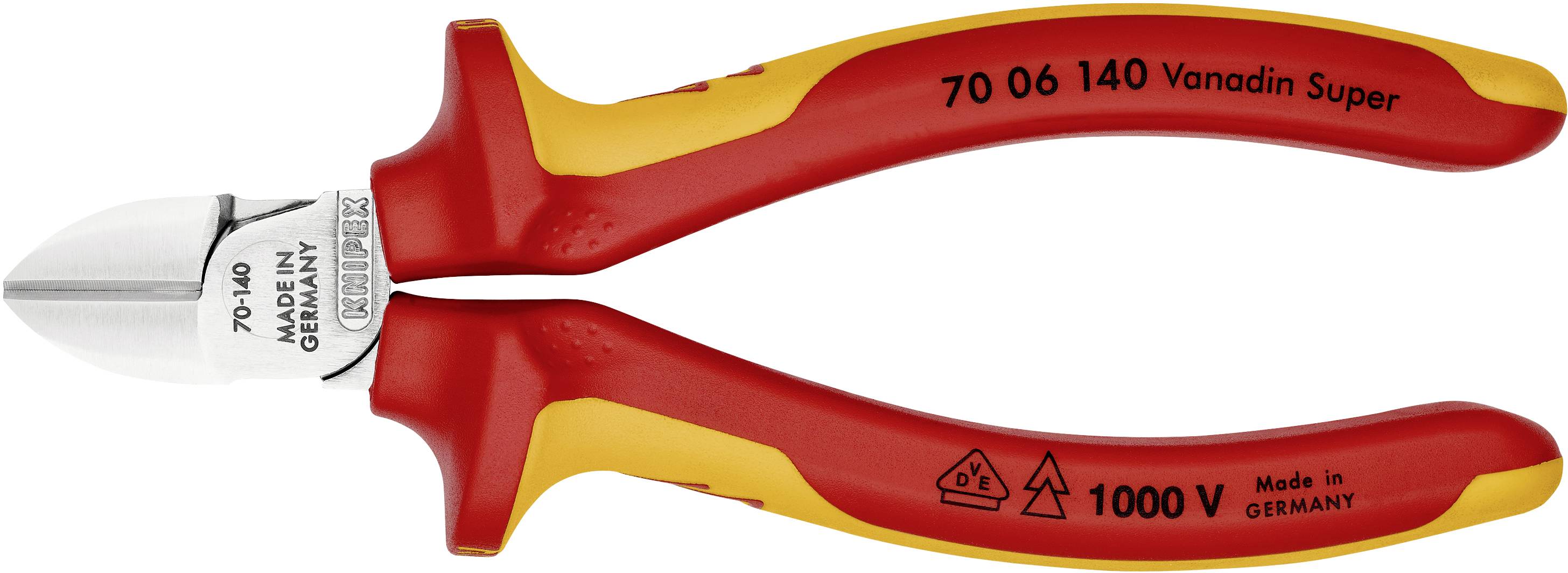 Seitenschneider mit rotem und gelbem Griff, Aufschrift '70 06 140 Vanadin Super', bietet bis 1000V Isolierung, hergestellt in Deutschland.