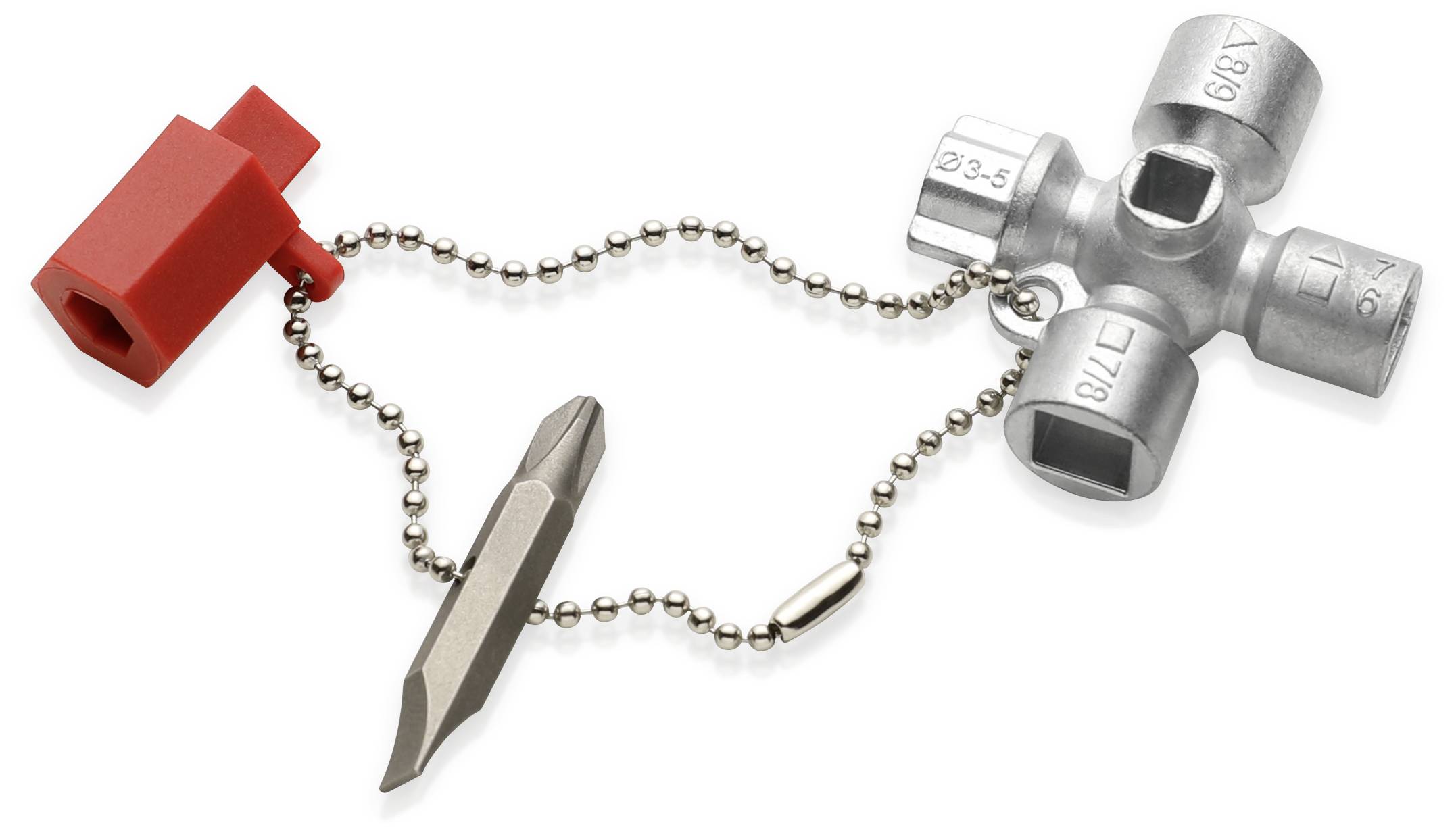 Ein Multifunktionsschlüssel mit vier verschiedenen Anschlüssen, einer roten Kunststoffabdeckung und einem Schraubendrehereinsatz an einer Kette.