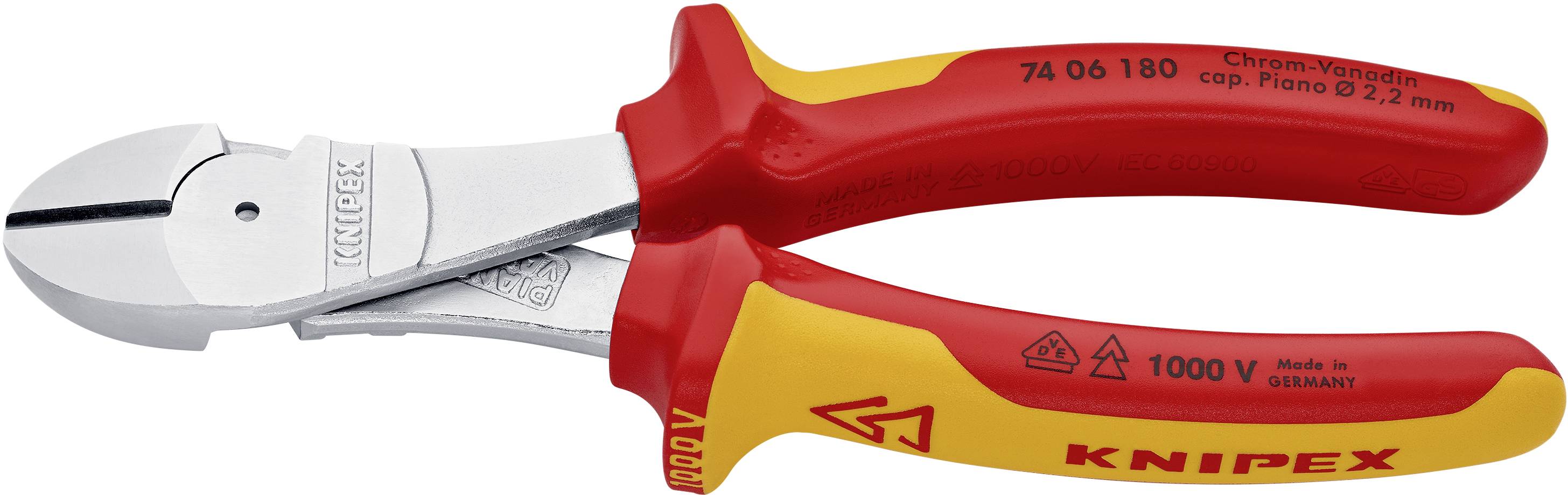 Rote und gelbe Isolierzange der Marke Knipex, geeignet für Arbeiten bis 1000V. Werkzeug geeignet für das Schneiden von Kabeln bis 22 mm.