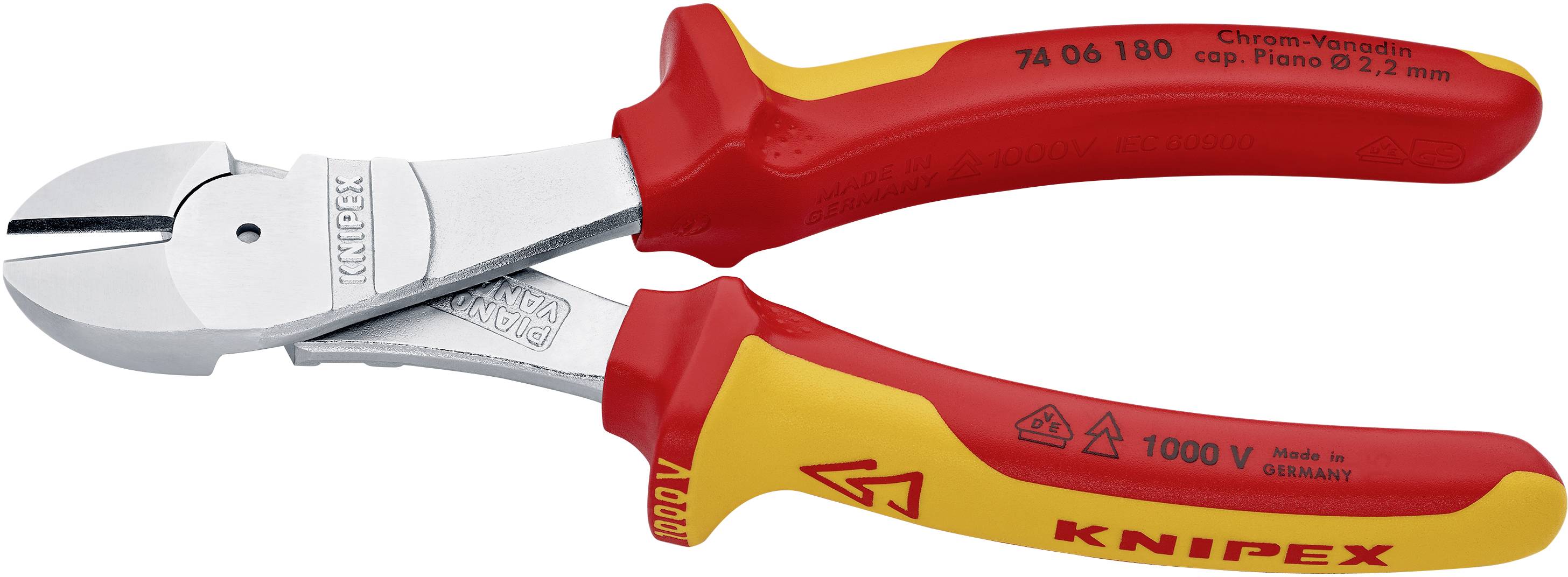 Eine rote und gelbe Knipex-Kombizange aus Chrom-Vanadium-Stahl mit isolierten Griffen und einer Aufschrift 'Made in Germany'.