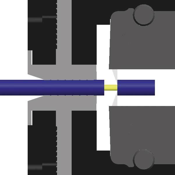 Ein Querschnitt einer Maschine, die einen blauen Draht durch zwei schwarze Klemmen zieht. Die Klemmen halten und führen den Draht.