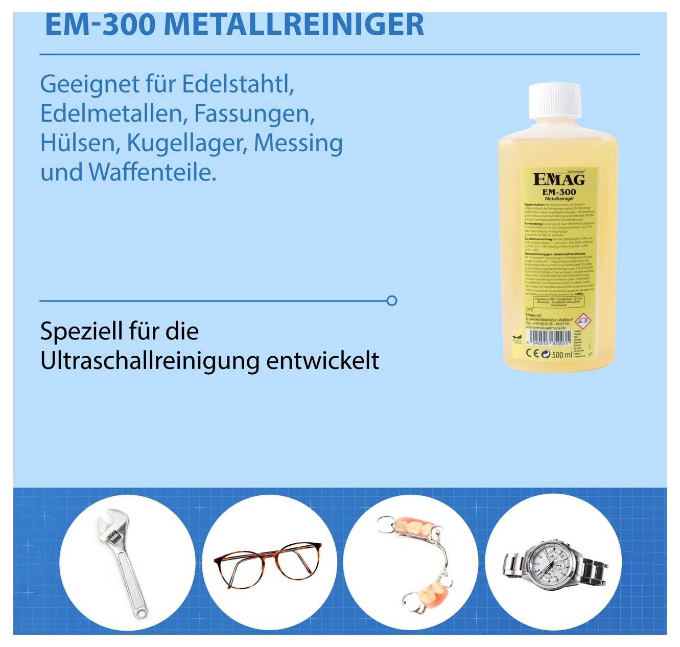 Werbebild für 'EM-300 Metallreiniger' für Edelstahl, Edelmetalle, Fassungen, Hülsen, Kugellager, Messing und Waffenteile; speziell für Ultraschallreinigung.