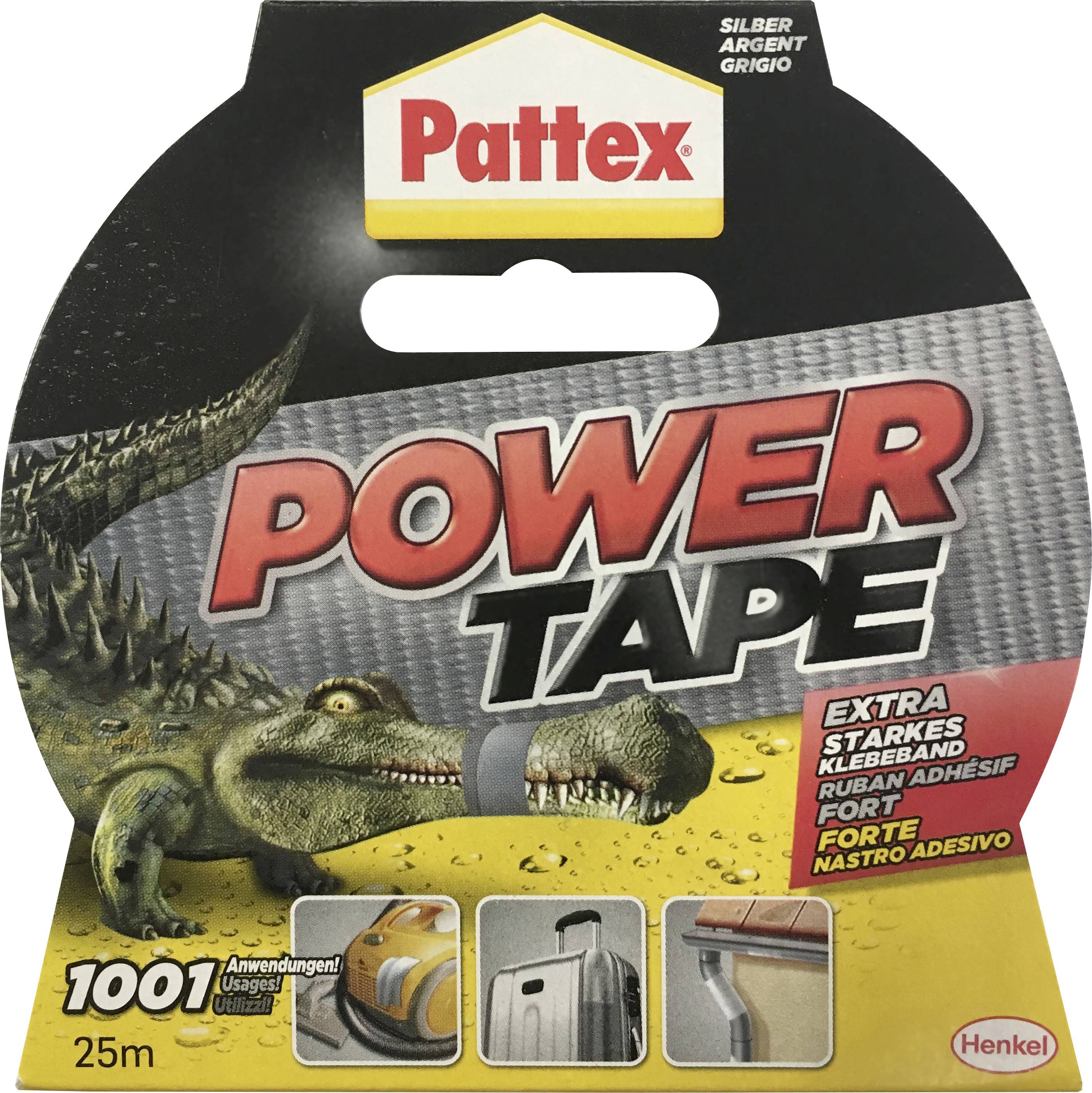 Auf der Verpackung des Pattex Power Tape befindet sich ein Bild eines Krokodils mit Klebeband über seiner Schnauze. Das Klebeband wird als stark und vielseitig vermarktet.