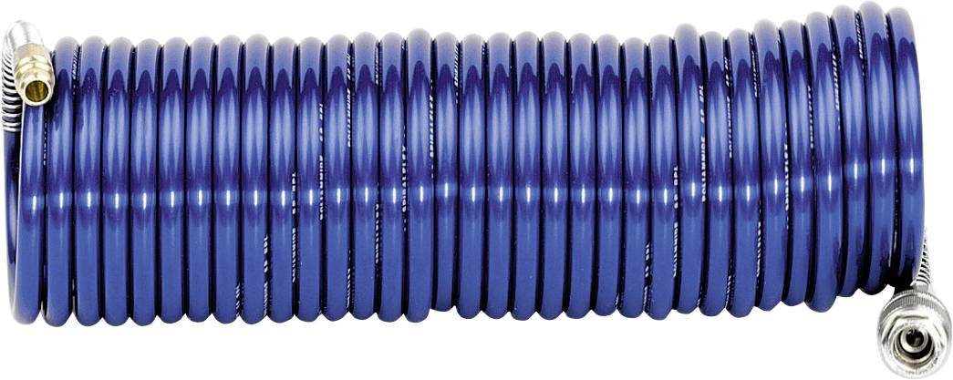 Blaue aufgerollte Schlauch mit Metallanschlüssen an beiden Enden, isoliert auf weißem Hintergrund dargestellt.
