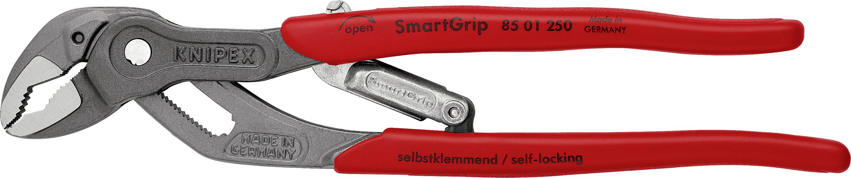 Rostfreie verstellbare Wasserpumpenzange mit roten Griffen, geeignet für Rohrleitungen und andere Montagen. Markenaufschrift sichtbar.
