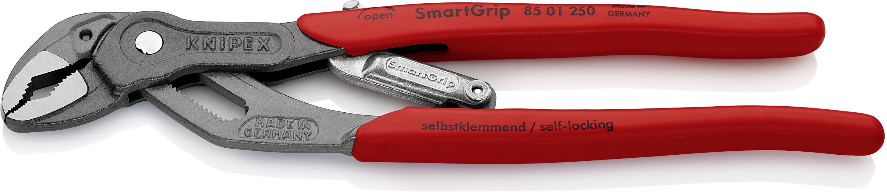 Eine rote Knipex SmartGrip Zange liegt auf weißem Hintergrund. Sie verfügt über einen Mechanismus für automatische Anpassung der Greifbacken.