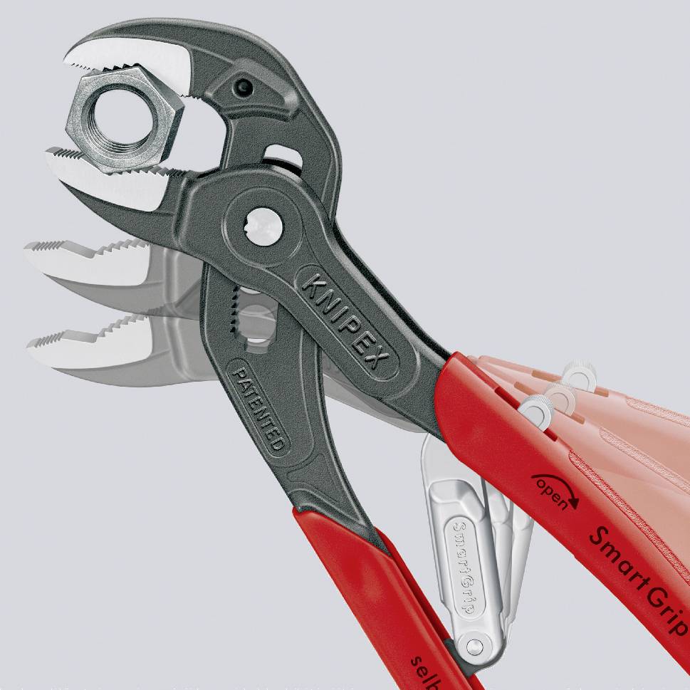 Die Abbildung zeigt eine rote Knipex-Selbstklemmzange mit verstellbarem Maul, geeignet für Rohre und Muttern, auf einem weißen Hintergrund.