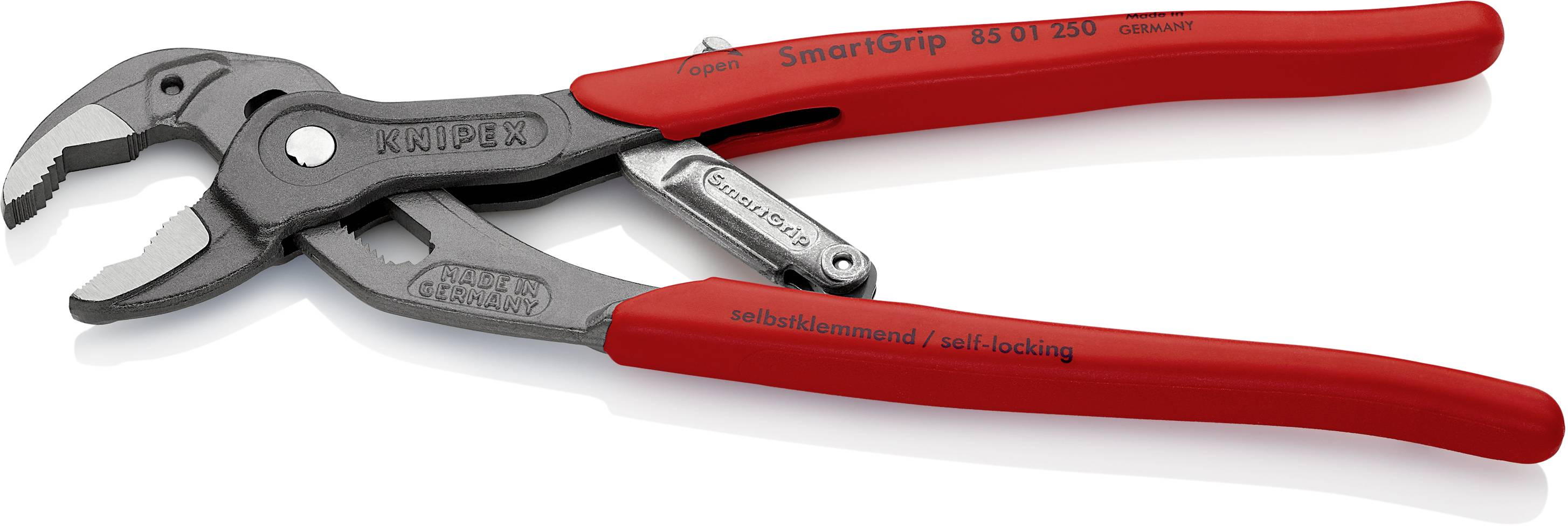 Eine Knipex Selbstklemmzange mit rotem Griff und schwarzem Kopf. Geeignet für verschiedene Schraubarbeiten aufgrund ihrer anpassbaren Greifbacken.