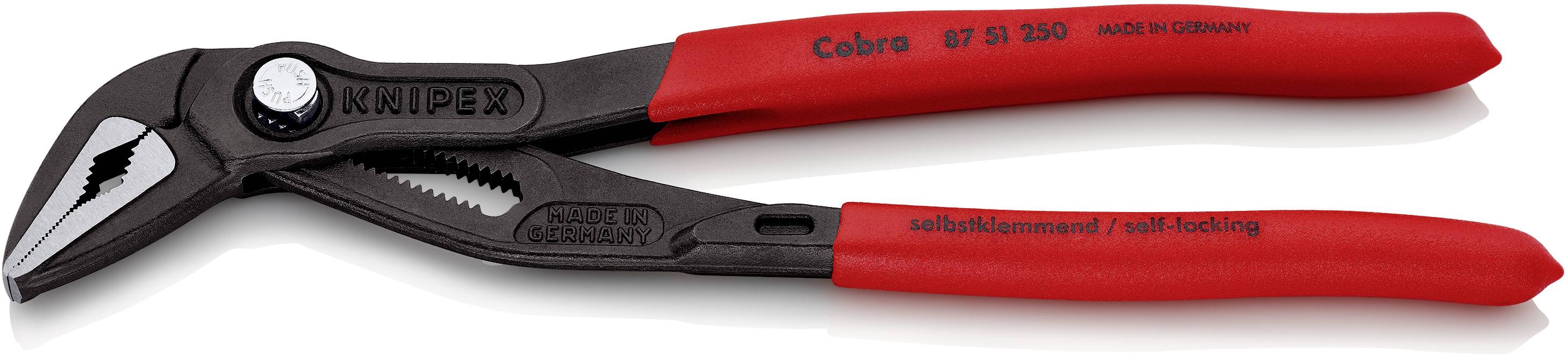 Rote, in Deutschland hergestellte Rohrzange von Knipex, Modell 'Cobra', mit verstellbarer Greiffläche und ergonomischem Griff.