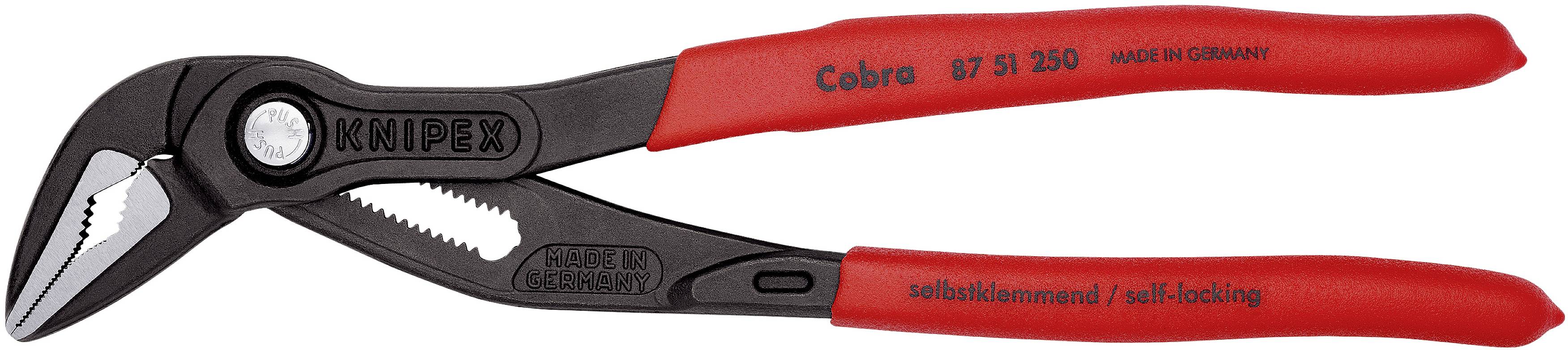 Rote und schwarze Zangenschlüssel mit der Aufschrift 'KNIPEX' und 'selbstklemmend'. Geeignet zum Greifen und Halten von Objekten.