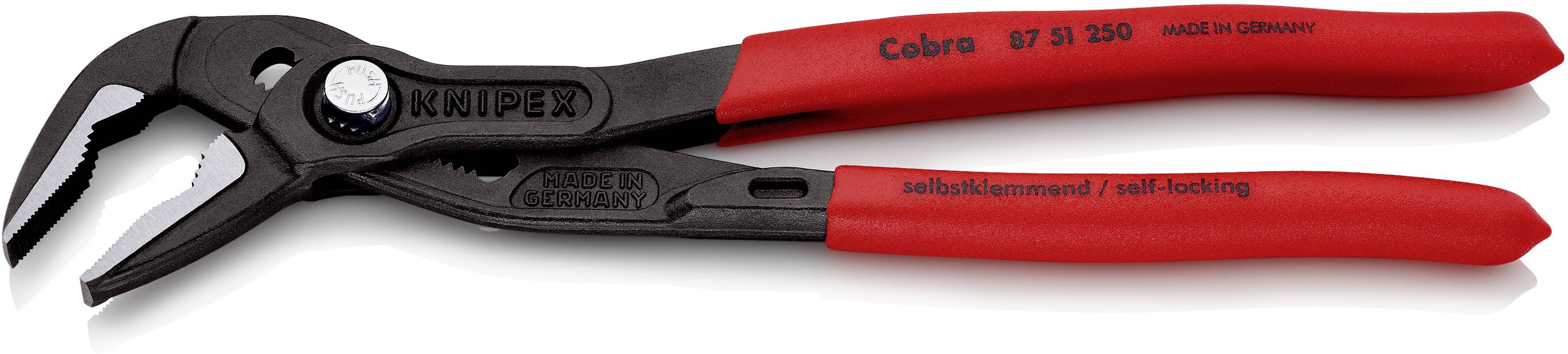 Rote Knipex-Wasserpumpenzange mit Aufschrift 'Cobra' und 'Self-locking', geeignet für verschiedene Greif- und Drehaufgaben.