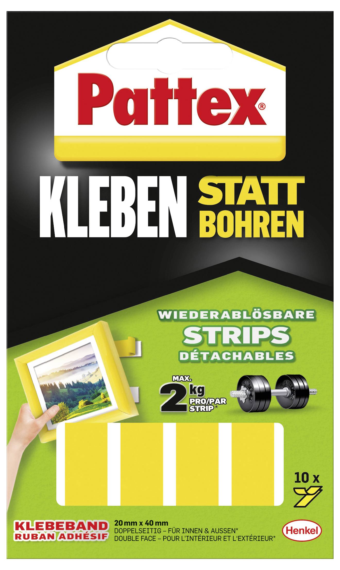 Pattex Kleben statt Bohren Befestigungsstreifen. Wiederverwendbare Strips zur Befestigung ohne Bohren, 2 kg Tragkraft pro Streifen, Packung mit 10 Stück.
