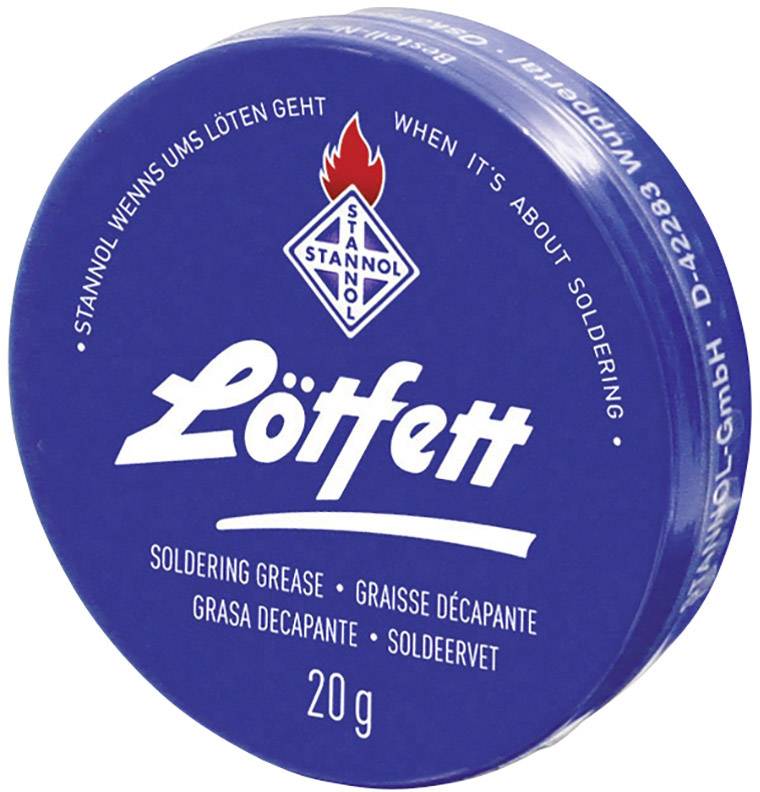 Blaue Dose 'Lötfett' von Stannol, 20 g. Text: 'Stannol wenn's ums Löten geht'. Enthält Informationen zu Mehrsprachigkeit und Firmendetails.