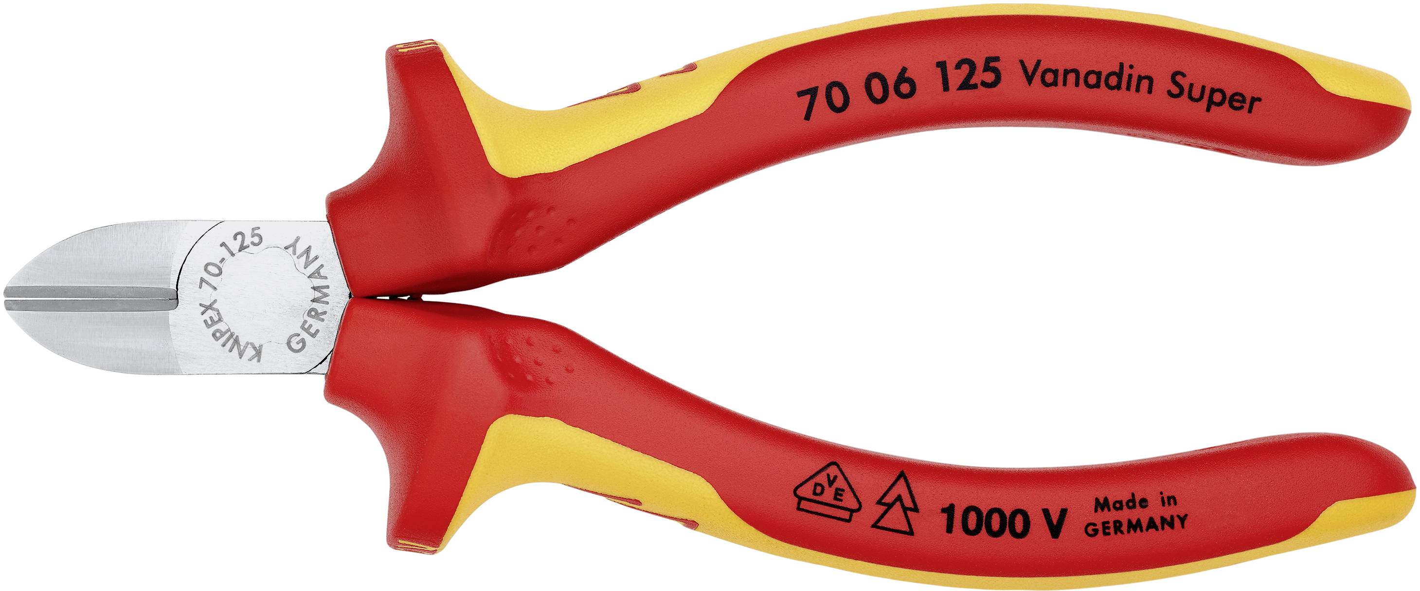 Rote und gelbe isolierte VDE-Seitenschneiderzange 'Vanadin Super', für Spannungen bis 1000 V geeignet, hergestellt in Deutschland.