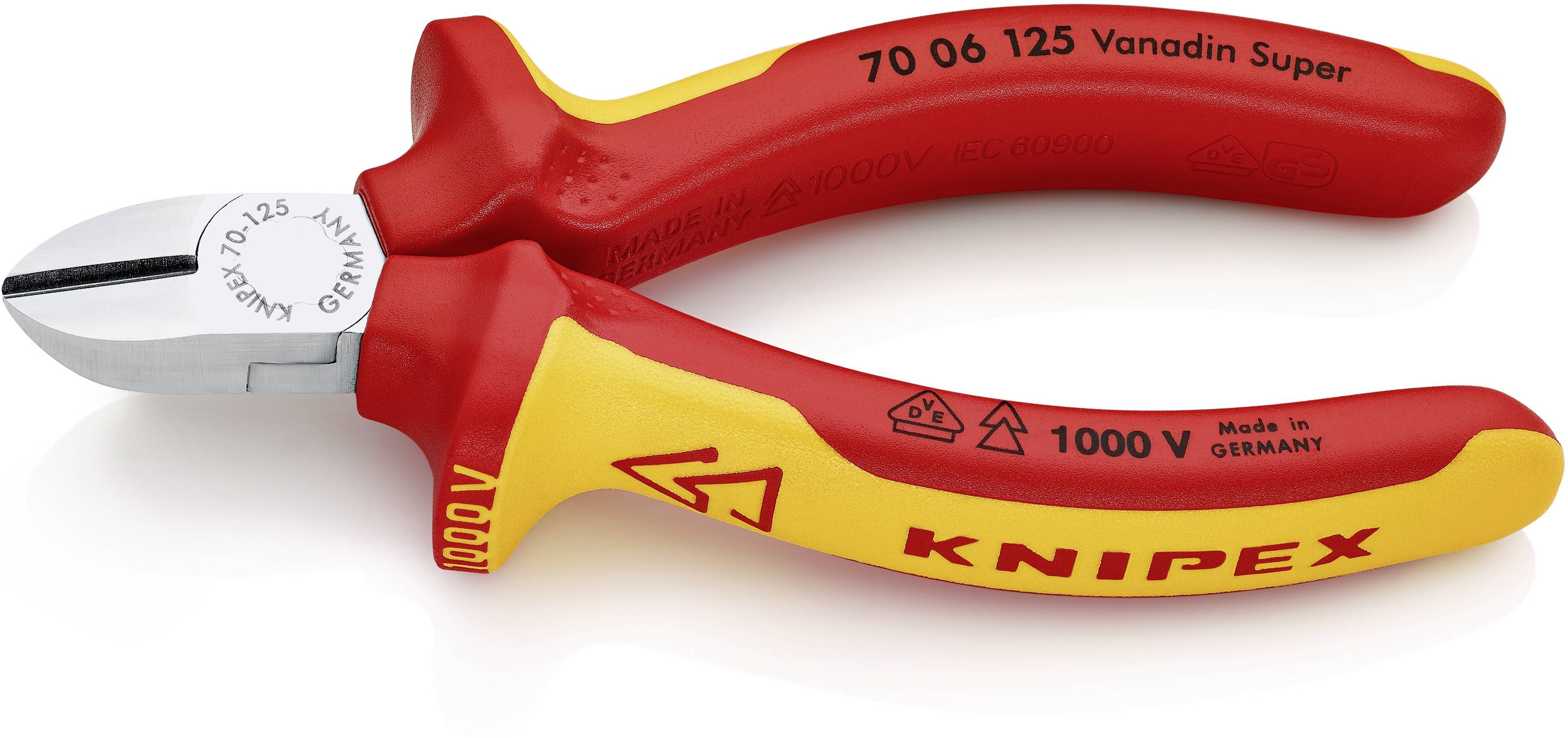 Seitenschneider von Knipex, gelb-rot, isoliert für 1000V, mit Prägung 'Made in Germany'.