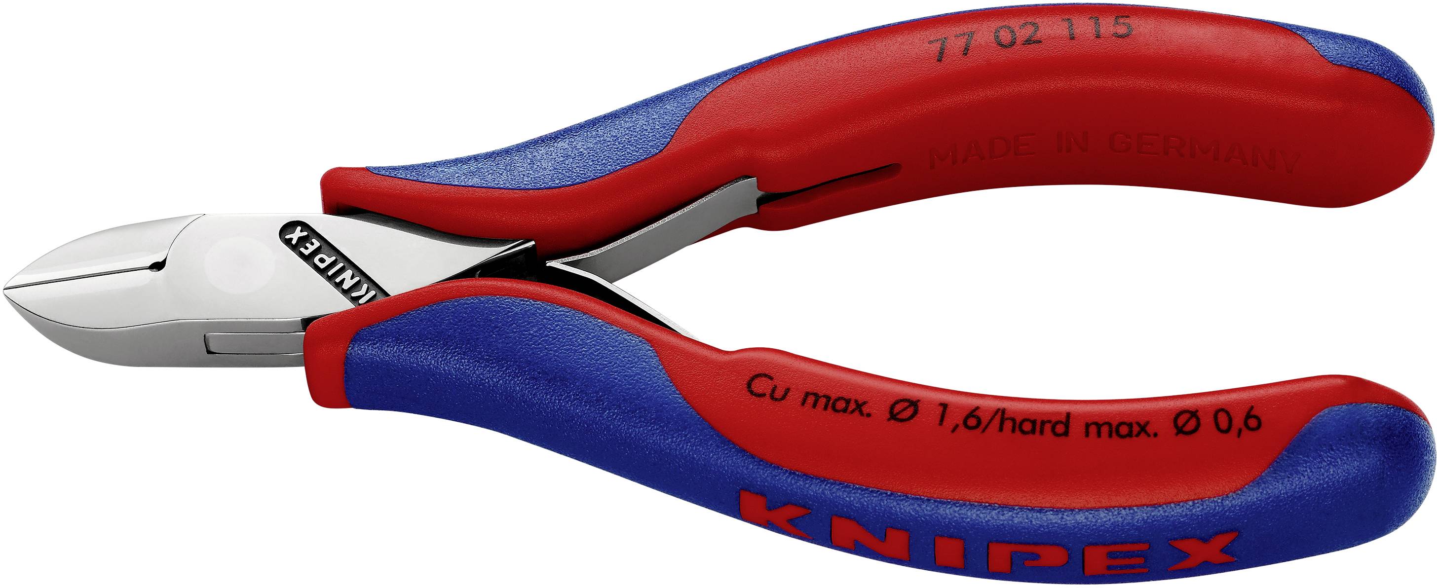 Eine rote und blaue Knipex-Seitenschneider-Zange, geeignet zum Schneiden von Kupfer- und Hartdrähten bis zu bestimmten Durchmessern.